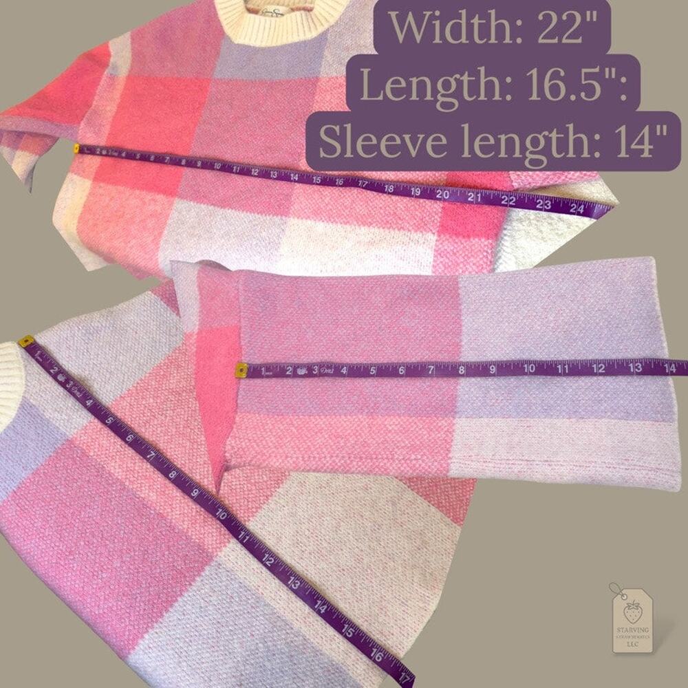 Pink & Lavender Plaid Cropped Sweater Women's XS | Wide Sleeves - Picture 7 of 7